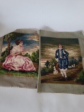 Pair of Vintage Needlepoint Portrait Panels in Pink and Blue